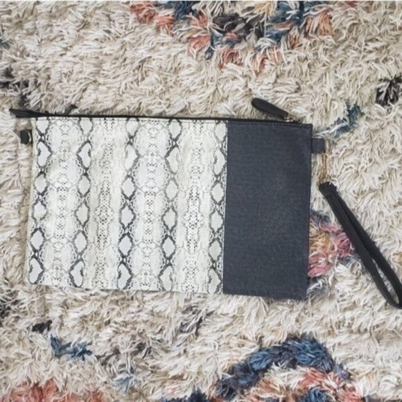 Faux Leather Snakskin Black Envelope Clutch Bag Purse Neutral Minimalist - Picture 1 of 7